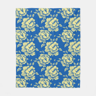 Blue and Yellow Peony Toile - French Country Decor Fleece Blanket