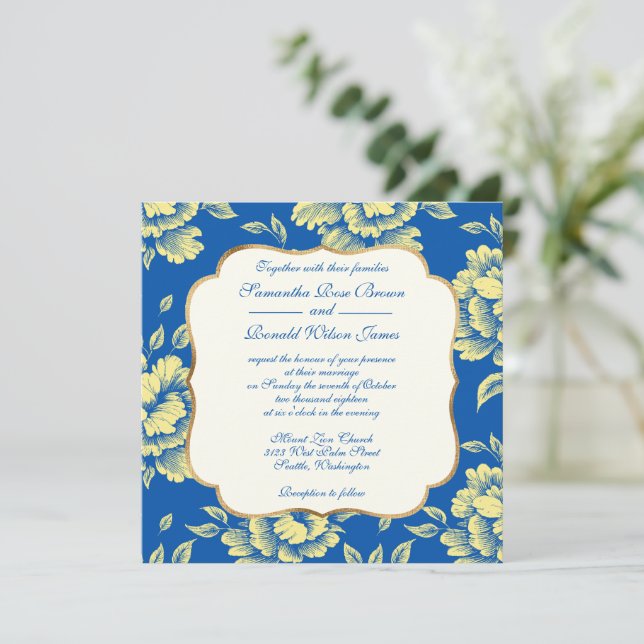 Blue and Yellow Peony Toile - French Country Decor Invitation (Standing Front)