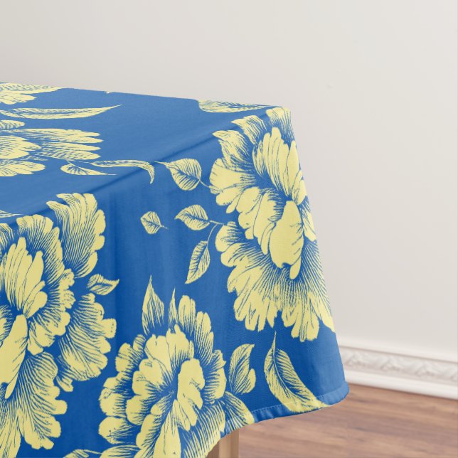 Blue and Yellow Peony Toile - French Country Decor Tablecloth (In Situ)
