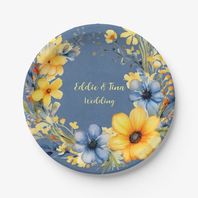 Blue and Yellow Peony Wreath Floral Wedding Paper Plate (Front)