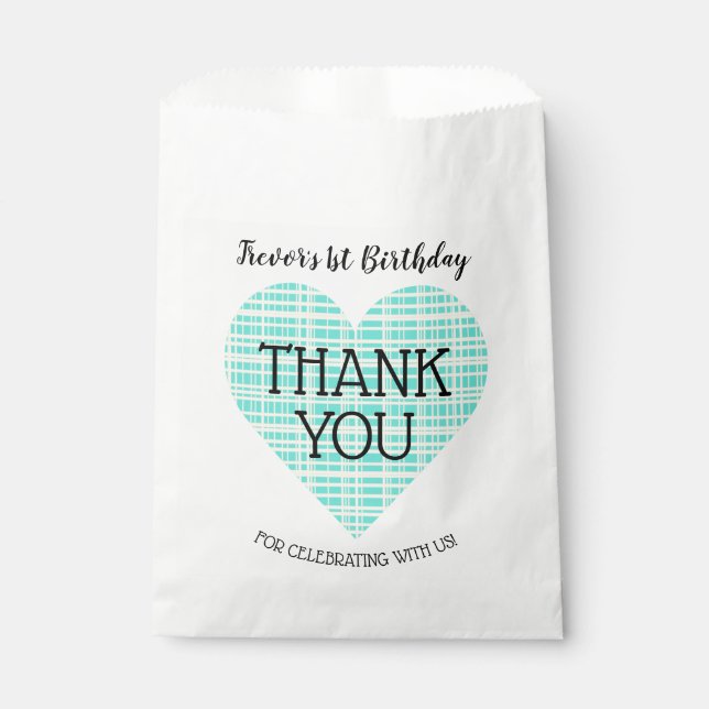 Blue and Yellow Plaid Heart Kid's Birthday Favour Bags (Front)