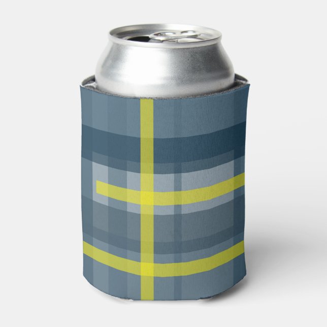 Blue and yellow plaid pattern can cooler (Can Front)