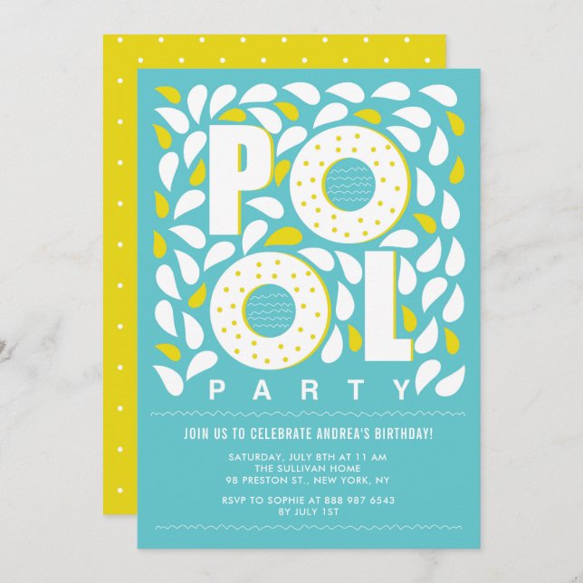Blue and Yellow Pool Party Splash Birthday Invitation (Front/Back)