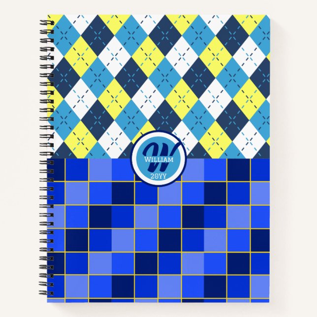 Blue and Yellow Preppy Argyle and Checks Notebook (Front)