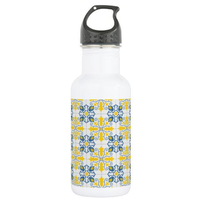 Blue and yellow pretty Portuguese tiles pattern 532 Ml Water Bottle (Front)