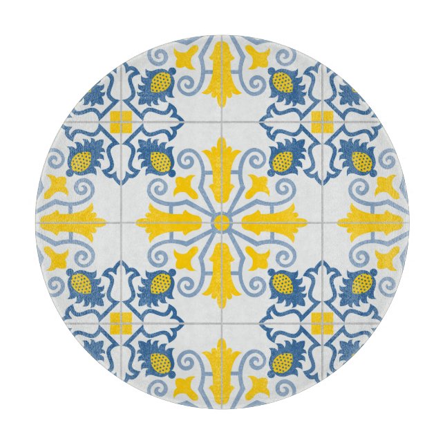 Blue and yellow pretty Portuguese tiles pattern Cutting Board (Front)