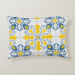 Blue and yellow pretty Portuguese tiles pattern Decorative Cushion