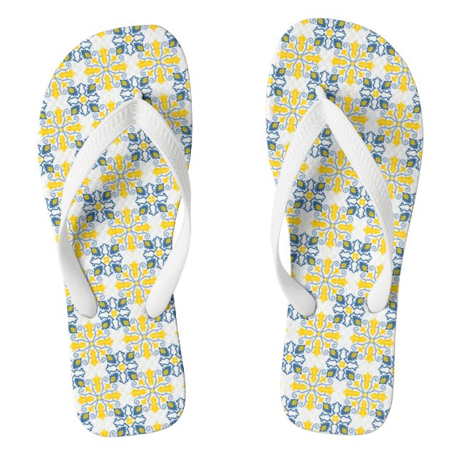 Blue and yellow pretty Portuguese tiles pattern Flip Flops (Footbed)