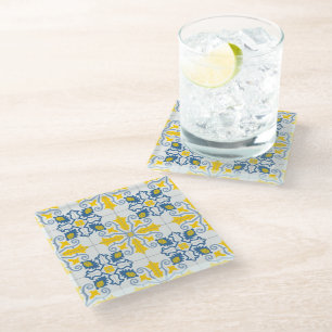 Blue and yellow pretty Portuguese tiles pattern Glass Coaster