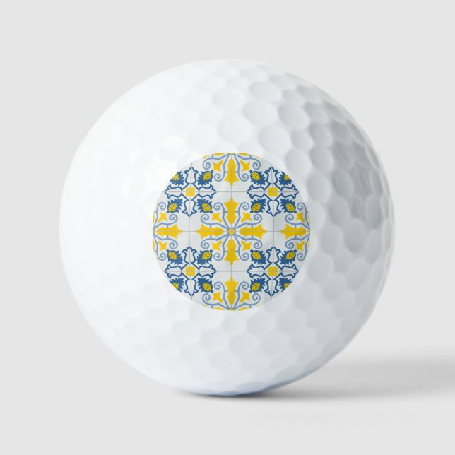 Blue and yellow pretty Portuguese tiles pattern Golf Balls (Front)