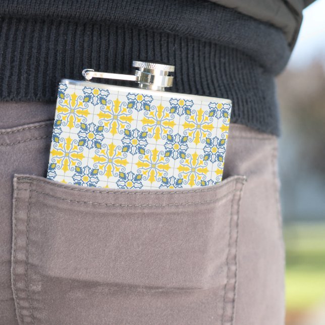 Blue and yellow pretty Portuguese tiles pattern Hip Flask (In Situ)
