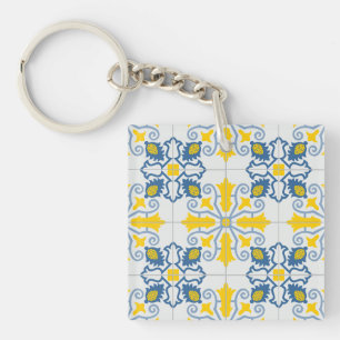 Blue and yellow pretty Portuguese tiles pattern Key Ring