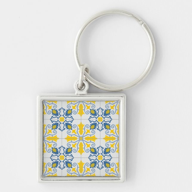 Blue and yellow pretty Portuguese tiles pattern Key Ring (Front)