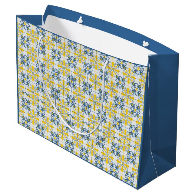Blue and yellow pretty Portuguese tiles pattern Large Gift Bag (Back Angled)