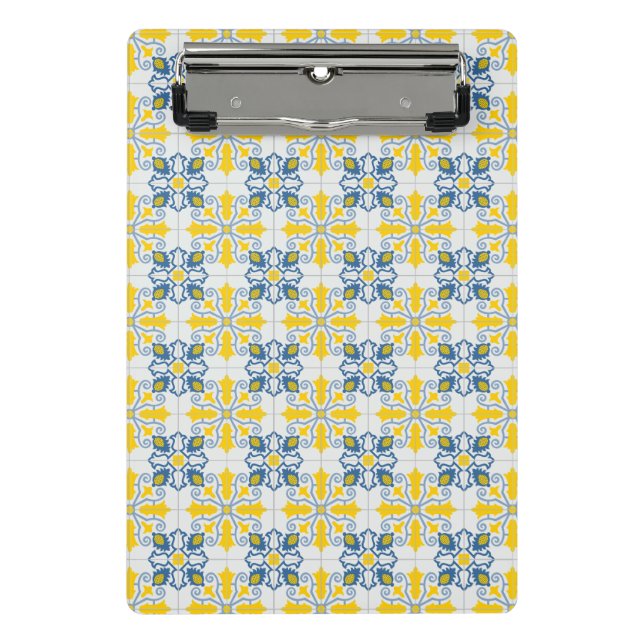 Blue and yellow pretty Portuguese tiles pattern Mini Clipboard (Front)