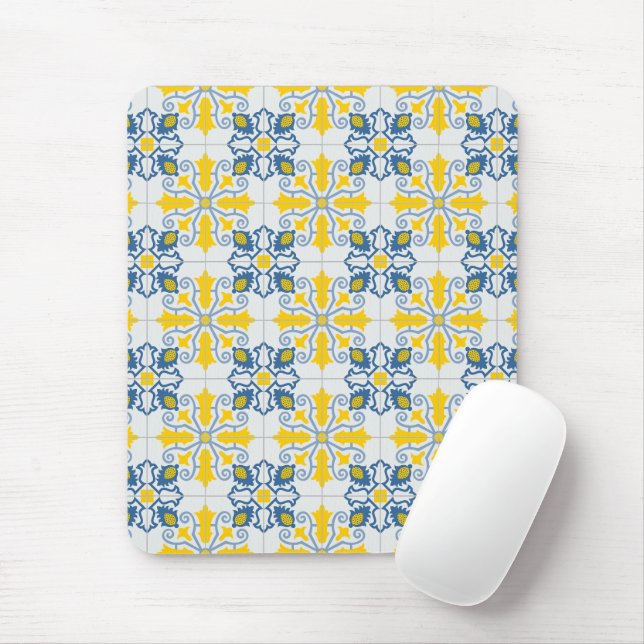 Blue and yellow pretty Portuguese tiles pattern Mouse Mat (With Mouse)