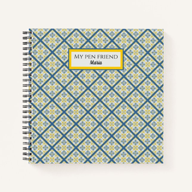 Blue and yellow pretty Portuguese tiles pattern Notebook (Front)