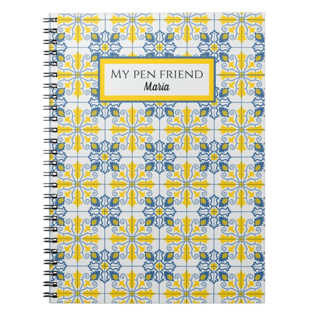 Blue and yellow pretty Portuguese tiles pattern Notebook (Front)