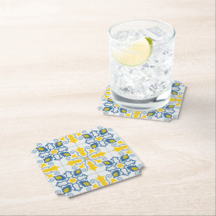 Blue and yellow pretty Portuguese tiles pattern Paper Coaster