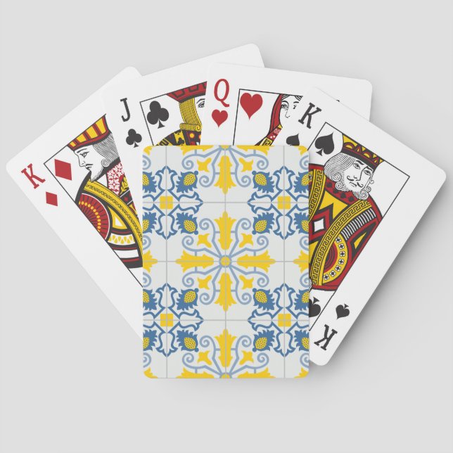 Blue and yellow pretty Portuguese tiles pattern Playing Cards (Back)