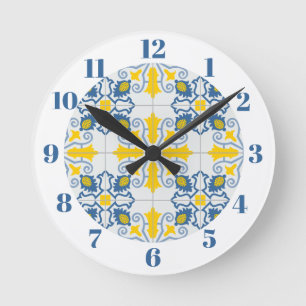 Blue and yellow pretty Portuguese tiles pattern Round Clock