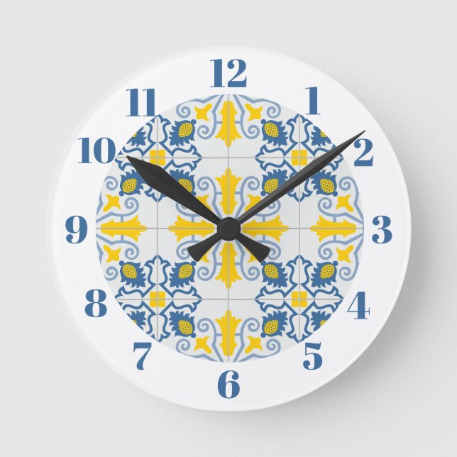 Blue and yellow pretty Portuguese tiles pattern Round Clock (Front)