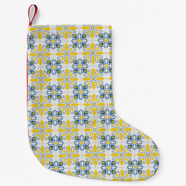Blue and yellow pretty Portuguese tiles pattern Small Christmas Stocking (Front)
