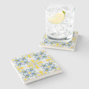 Blue and yellow pretty Portuguese tiles pattern Stone Coaster