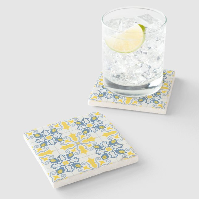 Blue and yellow pretty Portuguese tiles pattern Stone Coaster (Side)
