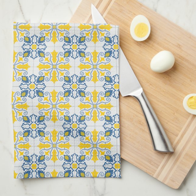 Blue and yellow pretty Portuguese tiles pattern Tea Towel (Quarter Fold)