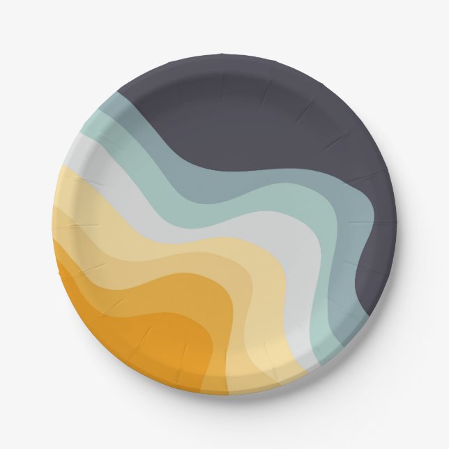 Blue and yellow retro style waves paper plate (Front)