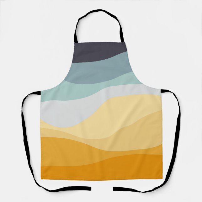 Blue and yellow retro style wavy ocean apron (Front)