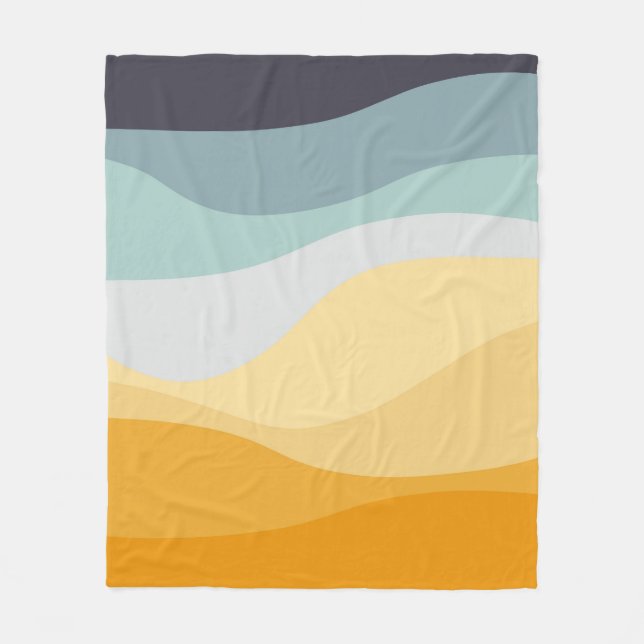 Blue and yellow retro style wavy ocean fleece blanket (Front)