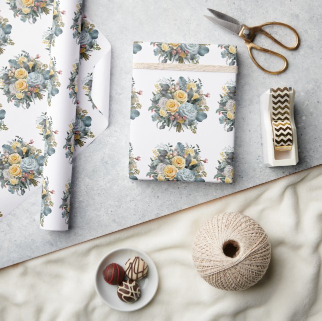 Blue and Yellow Roses Wedding Bouquet Wrapping Paper (Crafts)