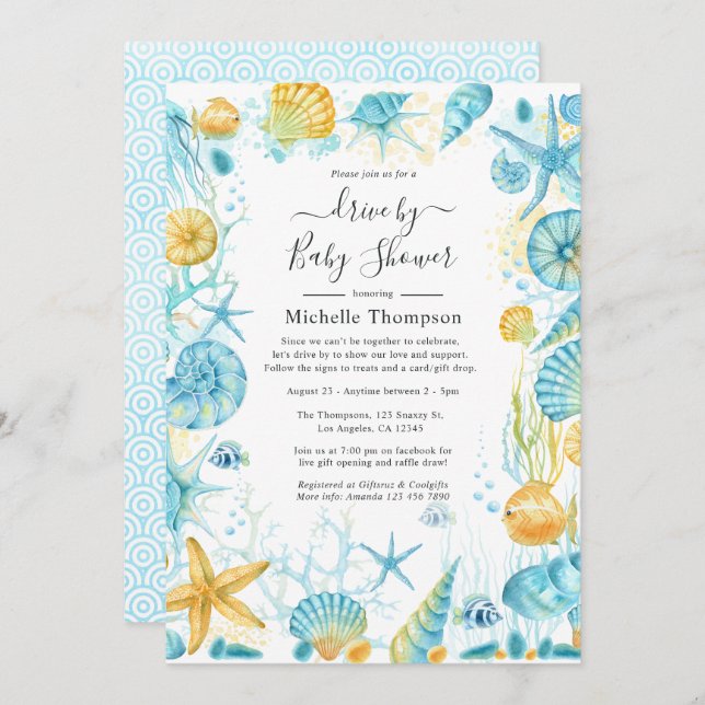 Blue and Yellow Sea Life Drive By Baby Shower Invitation (Front/Back)