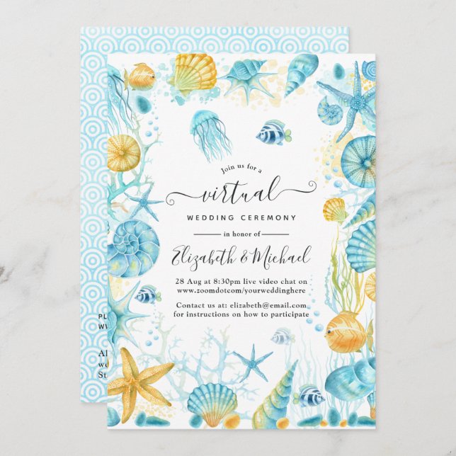 Blue and Yellow Sea Life Online Virtual Wedding Invitation (Front/Back)
