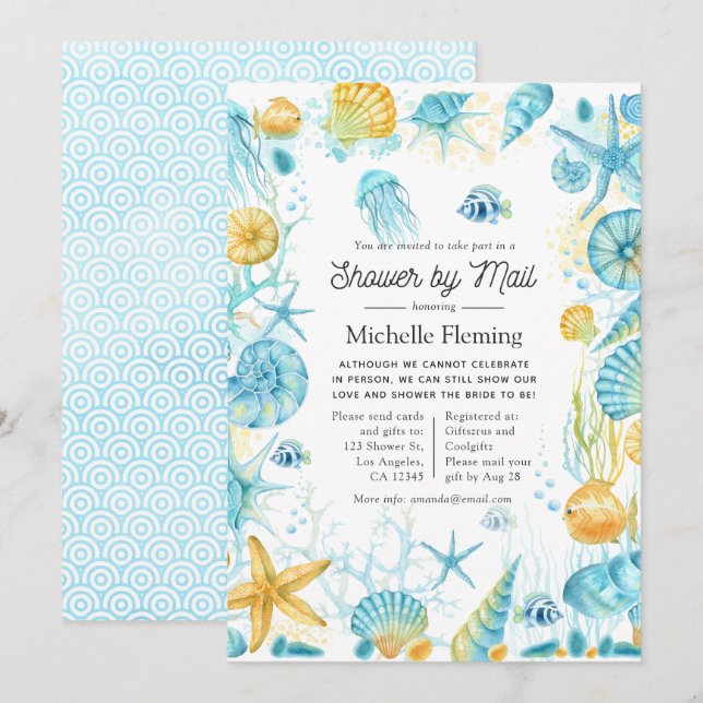 Blue and Yellow Sea Life Shower by Mail Invitation (Front/Back)