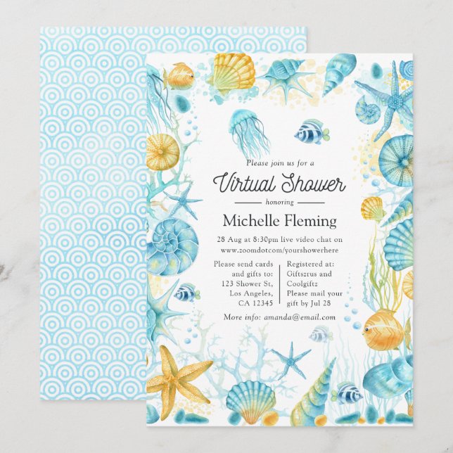 Blue and Yellow Sea Life Virtual Shower Invitation (Front/Back)