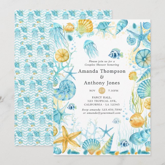 Blue and Yellow Sea Life Wedding Couples Shower Invitation (Front/Back)