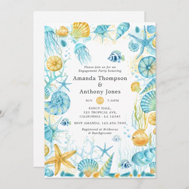 Blue and Yellow Sea Life Wedding Engagement Party Invitation (Front/Back)