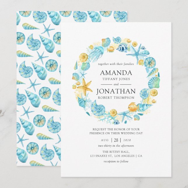 Blue and Yellow Sea Life Wedding Invitation (Front/Back)