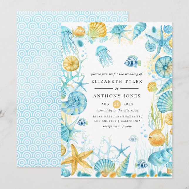 Blue and Yellow Sea Life Wedding Invitation (Front/Back)