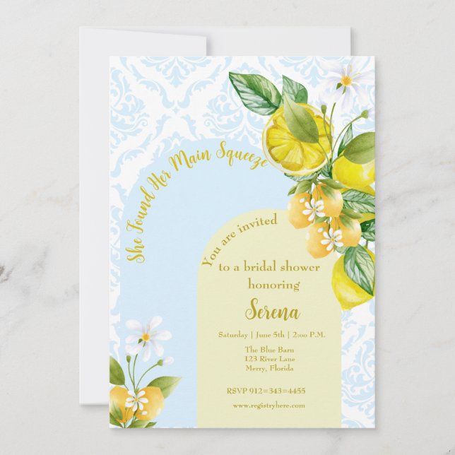 Blue and Yellow She found her Main Squeeze Invitation (Front)