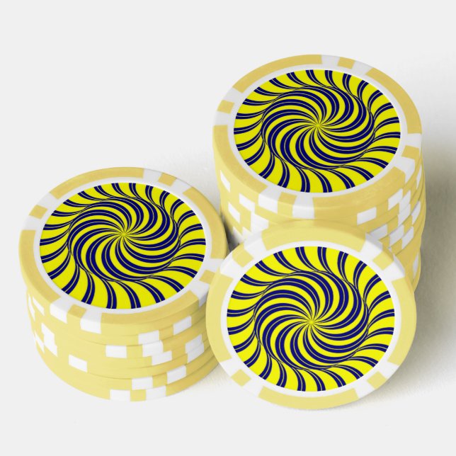 Blue and yellow spiral print poker chips (Stack)