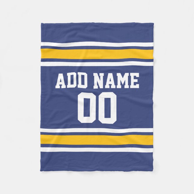Blue and Yellow Sports Stripes Custom Name Number Fleece Blanket (Front)