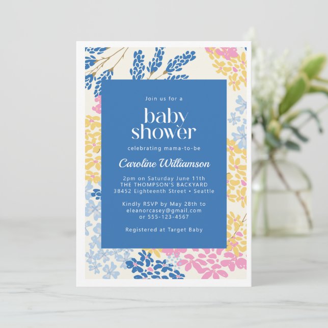 Blue and Yellow Summer Ditsy Flowers Baby Shower Invitation (Standing Front)