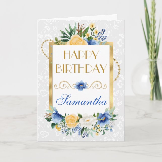 Blue and Yellow Summer Flowers Gold Foil Birthday Card (Front)