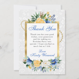 Blue and Yellow Summer Flowers Gold Foil Birthday Thank You Card