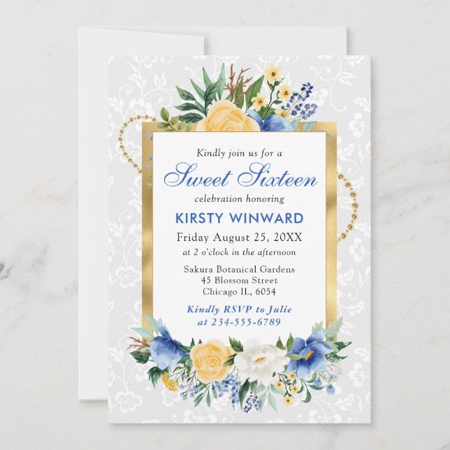 Blue and Yellow Summer Flowers Gold Foil Sweet 16 Invitation (Front)