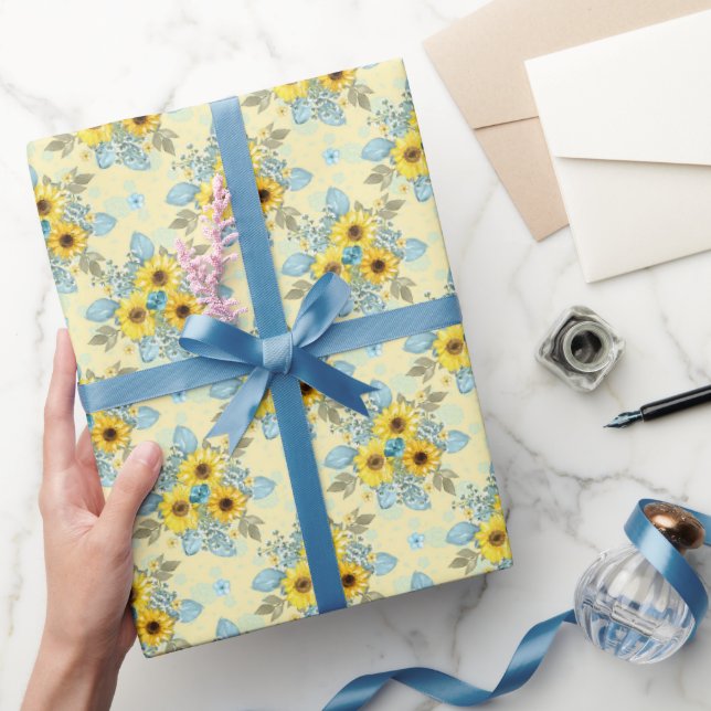 Blue and Yellow Sunflower Arrangement Wrapping Paper (Gifting)